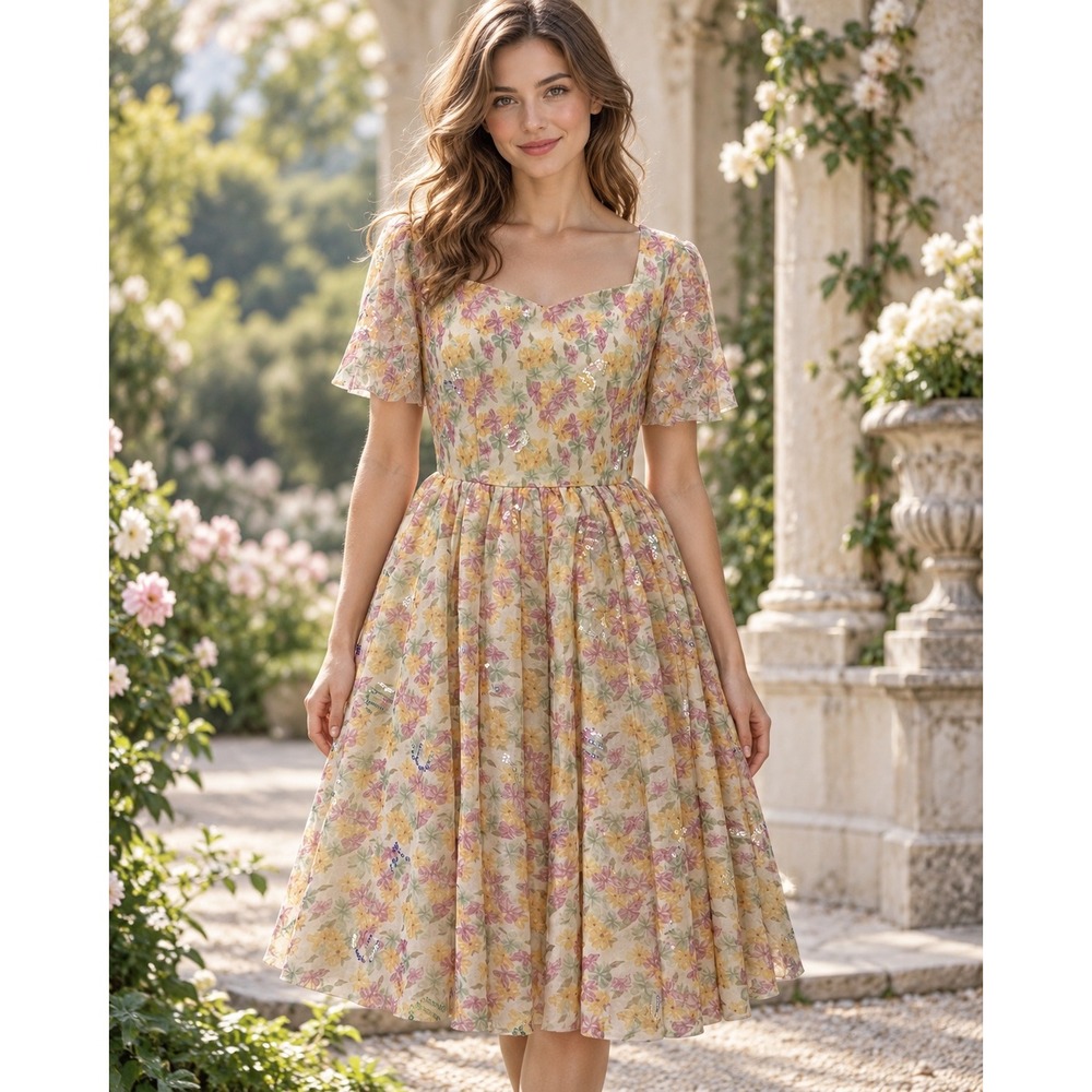 JessaKae Blushing Flora Floral Sequin Tulle Midi Dress XS Cottagecore